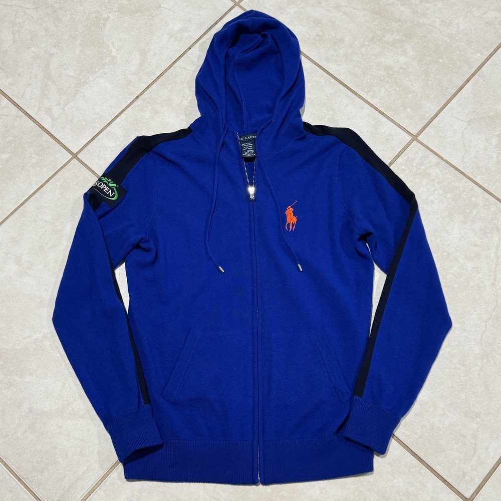 Polo Ralph Lauren Cashmere Zip Hoodie Sweater Womens Large Blue US Open Pony
